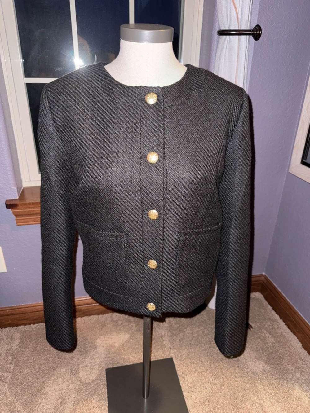 J. Crew Black Textured Collarless Jacket with Gold Buttons